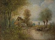 unknow artist Landscape with cows, small farm and windmill Germany oil painting artist